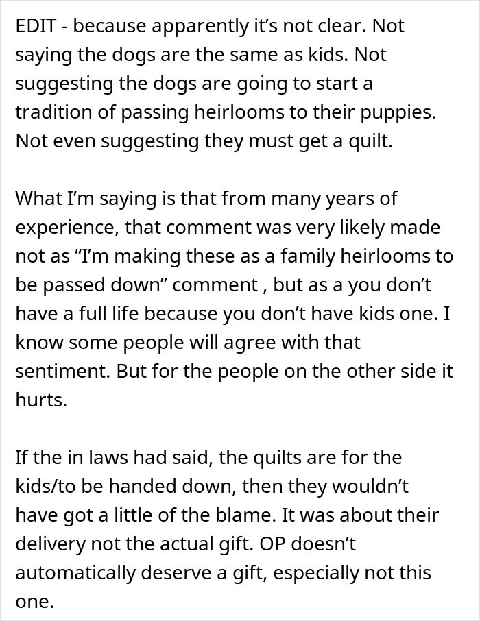 “I’m Not Making A Quilt For A Couple Of Dogs”: MIL Refuses To Include Childfree Couple In Family Tradition