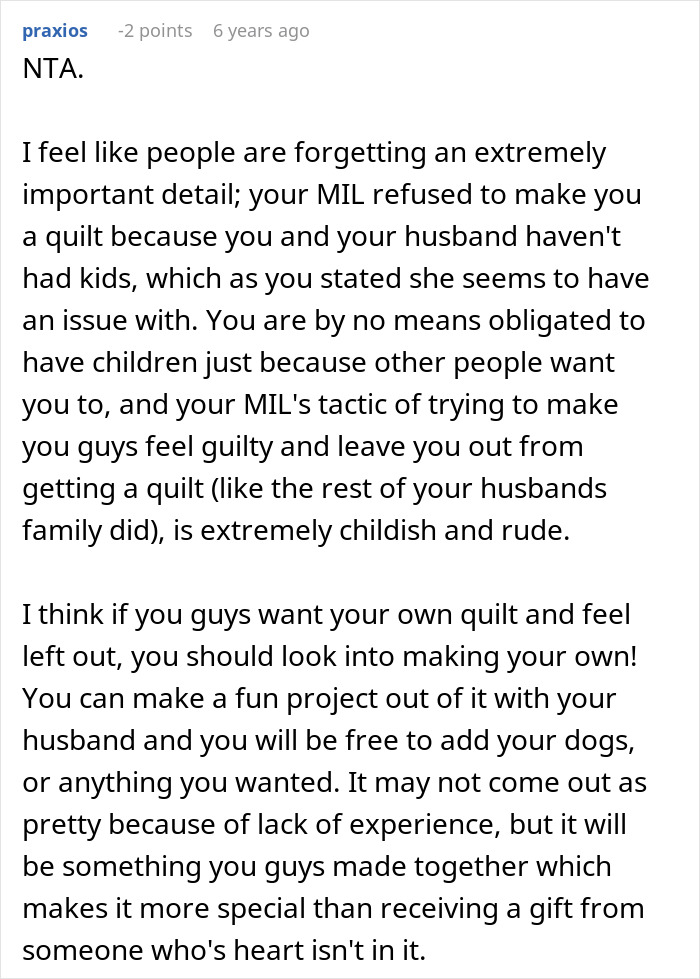 “I’m Not Making A Quilt For A Couple Of Dogs”: MIL Refuses To Include Childfree Couple In Family Tradition