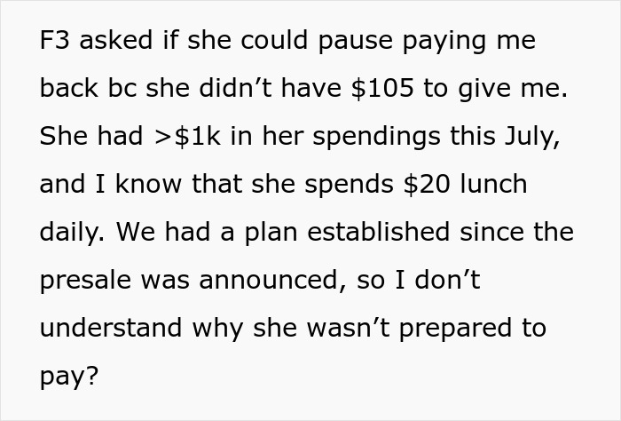 Woman Has $14 Lunches Every Day But Can&#8217;t Pay Back A Friend For A $74 Concert Ticket, Regrets It