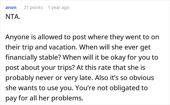 Woman Posts Photos Of Her Vacation, Struggling Sis Gets Mad Despite Making All The Wrong Choices