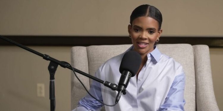 Candace Owens talking in a microphone on podcast wearing white shirt