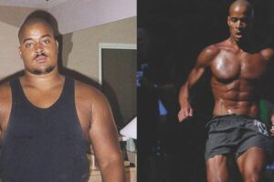 David Goggins Image comparison side by side 300 pounds and muscle