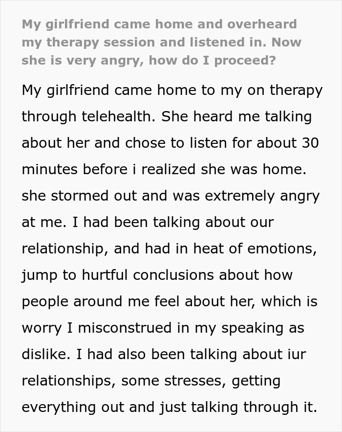 Woman Eavesdrops On Boyfriend’s Private Therapy Session, Is Angered By What She Hears