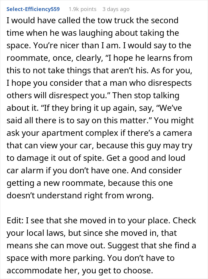 Woman Has Had Enough Of Roomie’s BF Taking Her Paid Parking Spot, Calls Tow Truck In A Heartbeat