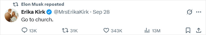 Elon Musk Accused Of Hypocrisy After Reposting Erika Kirk’s Viral “Church” Message To Millions