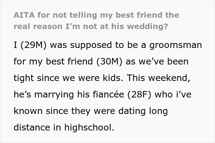 &#8220;[Am I The Jerk] For Not Telling My Best Friend The Real Reason I&#8217;m Not At His Wedding?&#8221;