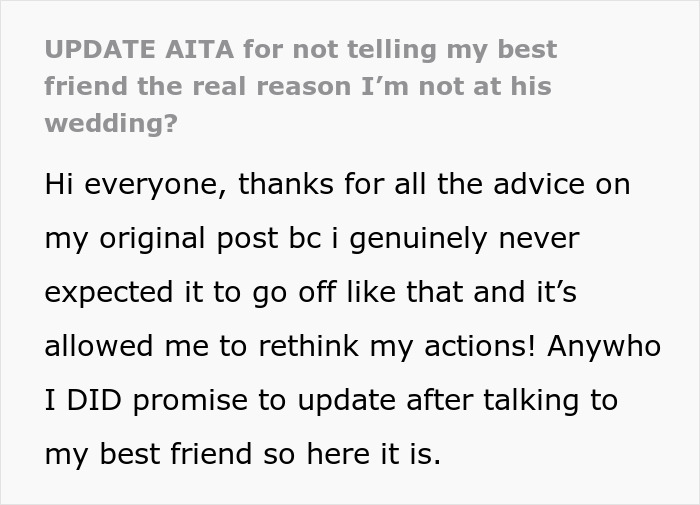 &#8220;[Am I The Jerk] For Not Telling My Best Friend The Real Reason I&#8217;m Not At His Wedding?&#8221;