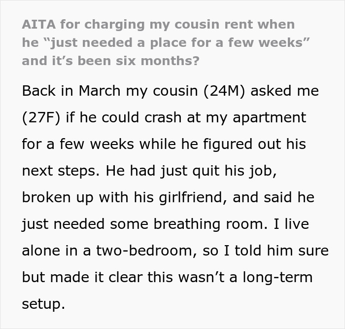 Guy Mooches Off Cousin For 6 Months, Calls Her Heartless When She Finally Demands $400 Rent