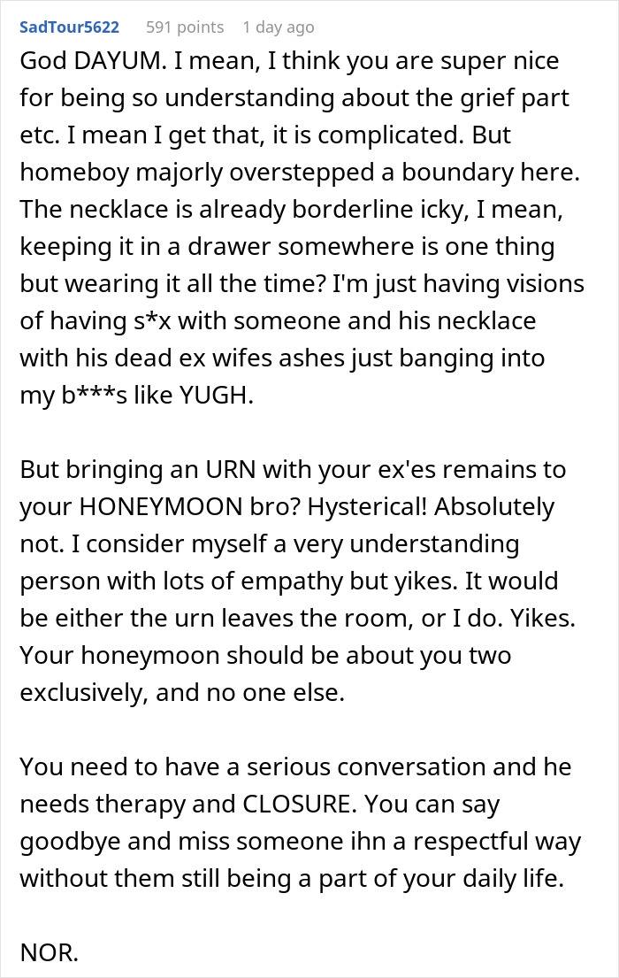 Guy Brings His Late Ex&#8217;s Ashes To Honeymoon After Remarrying, His New Spouse Is Just Stunned