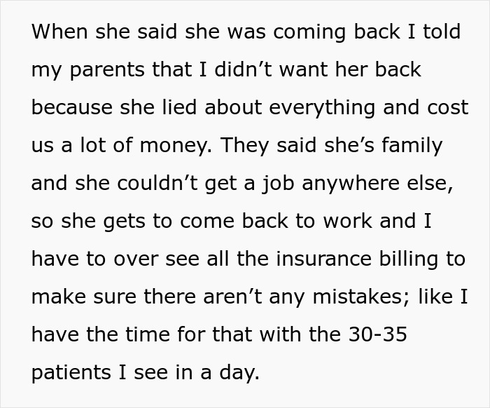 Doctor Refuses To Rehire Sister After She Cost The Practice $40,000, Parents Freak Out