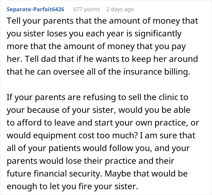 Doctor Refuses To Rehire Sister After She Cost The Practice $40,000, Parents Freak Out