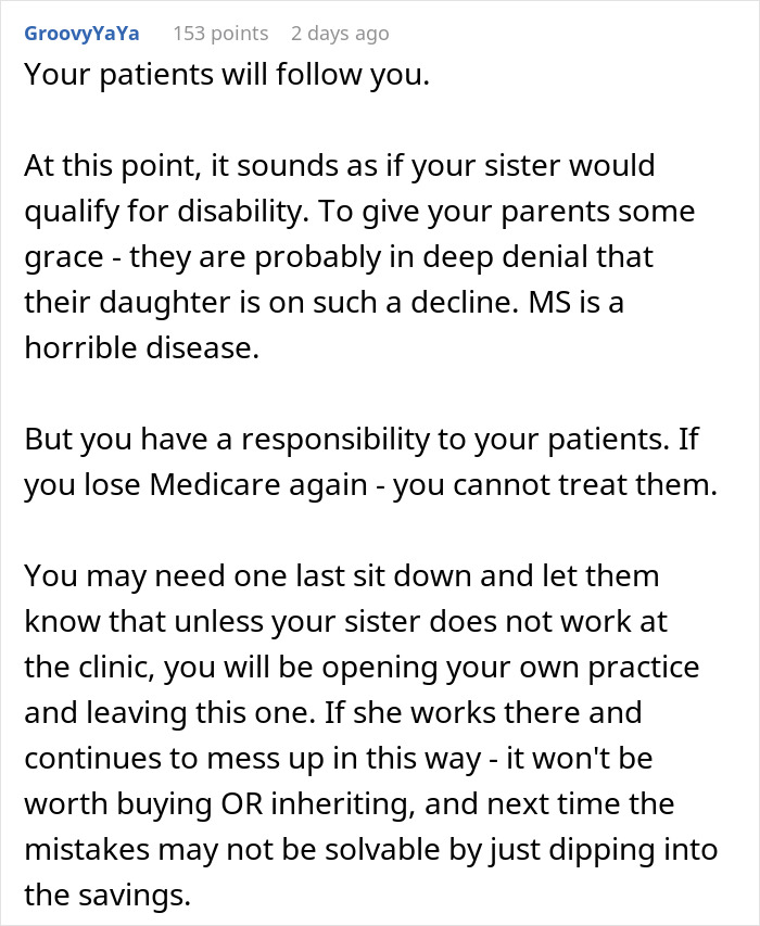 Doctor Refuses To Rehire Sister After She Cost The Practice $40,000, Parents Freak Out