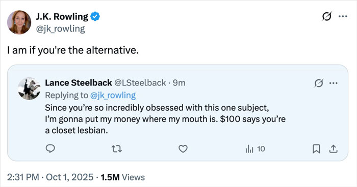 User Bets $100 That J.K. Rowling Is A &#8216;Closet Lesbian&#8217; And Her Response Has Hilarious Reactions