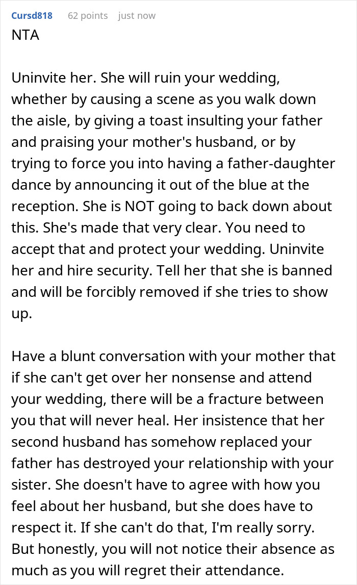 Lady Never Accepted Mom&#8217;s Husband As New &#8220;Dad,&#8221; Refuses To Involve Him In Wedding, Drama Escalates