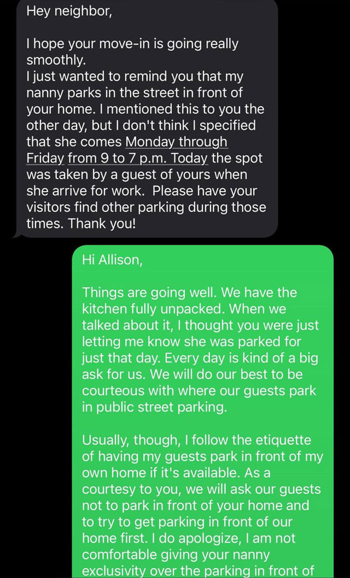 Woman Demands New Neighbors Give Up Their Parking Spot For Her Nanny, Loses It After Hearing No