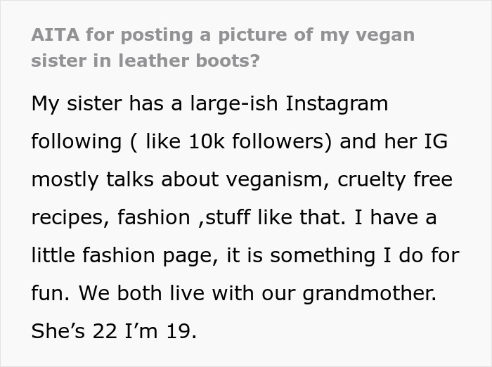 “Am I The [Jerk] For Posting A Picture Of My Vegan Sister In Leather Boots?”