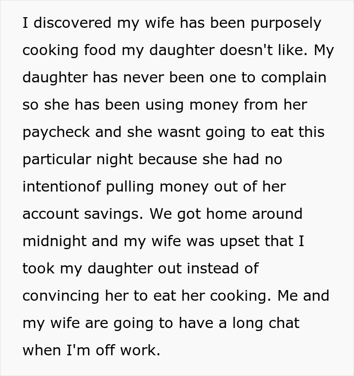 Man Announces He’s Divorcing Wife When He Discovers She Purposefully Cooks Meals Daughter Won’t Eat