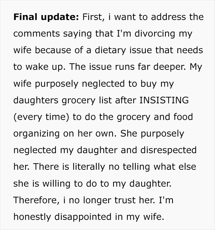 Man Announces He’s Divorcing Wife When He Discovers She Purposefully Cooks Meals Daughter Won’t Eat