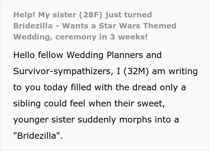 Sis Turns Bridezilla 3 Weeks Before Wedding, Wants ‘Star Wars’ Theme, Family Calls It Upcoming Mess