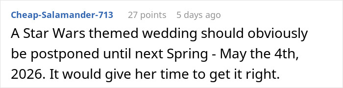 Sis Turns Bridezilla 3 Weeks Before Wedding, Wants ‘Star Wars’ Theme, Family Calls It Upcoming Mess