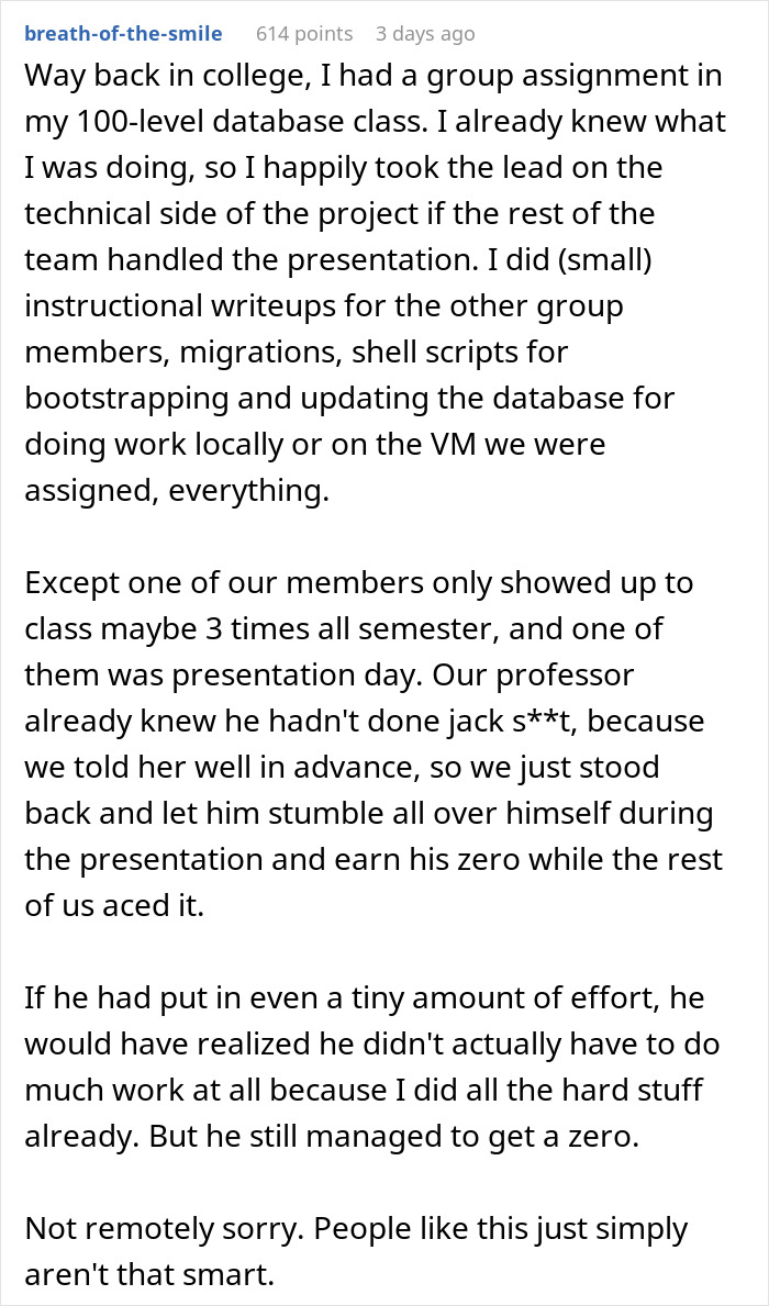 Guy Maliciously Complies With Lazy Teammates And Gets Them All A 0% On A Project Using Teacher’s Loophole