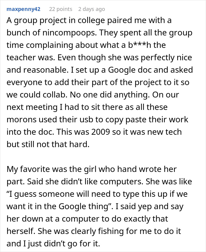 Guy Maliciously Complies With Lazy Teammates And Gets Them All A 0% On A Project Using Teacher’s Loophole