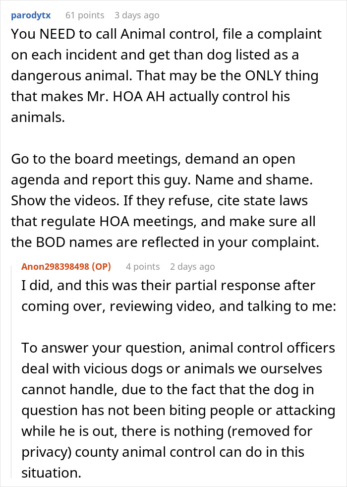 HOA Board Member Refuses To Follow Pet Ownership Rules, Neighbor Gets Police Involved