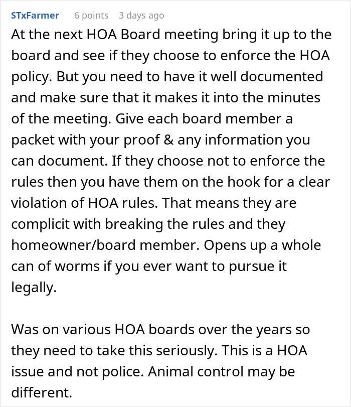 HOA Board Member Refuses To Follow Pet Ownership Rules, Neighbor Gets Police Involved