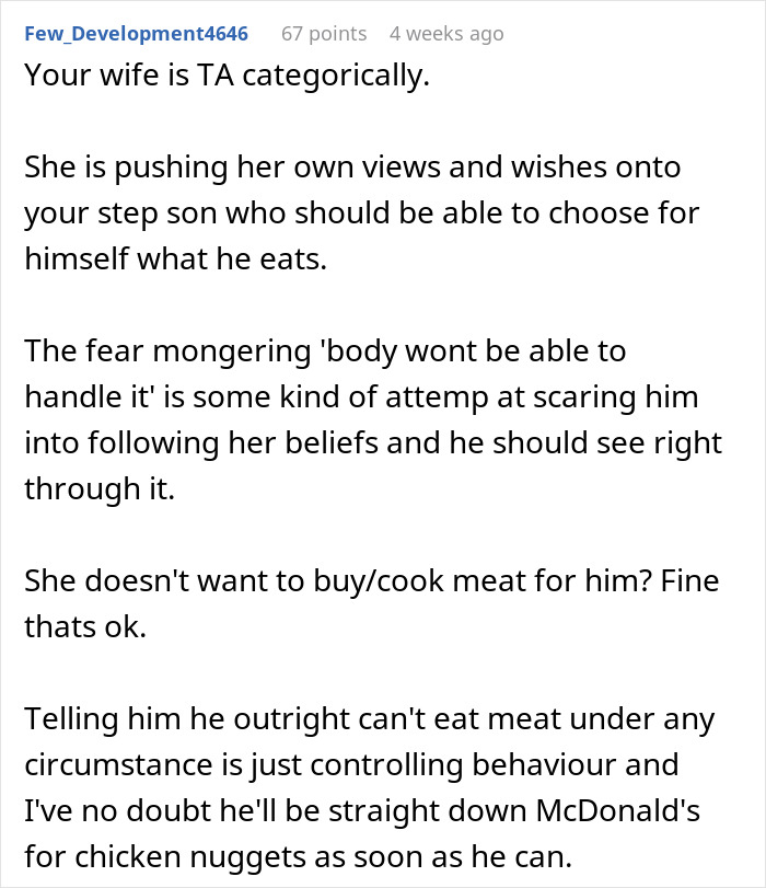 Man Prepared To Fight For Stepson Who Wants To Change His Diet But Mom Is Against It