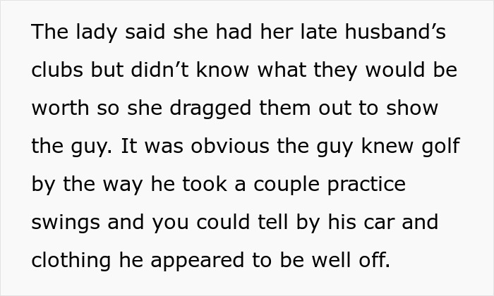 Man Tries To Scam Widow Out Of Her Late Husband’s Golf Clubs, Hero Shopper Crushes His Deal