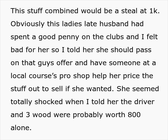 Man Tries To Scam Widow Out Of Her Late Husband’s Golf Clubs, Hero Shopper Crushes His Deal