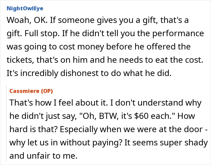 “Coworker Gave Us Tickets To His Wife’s Performance And Now We Have To Pay $360?!”