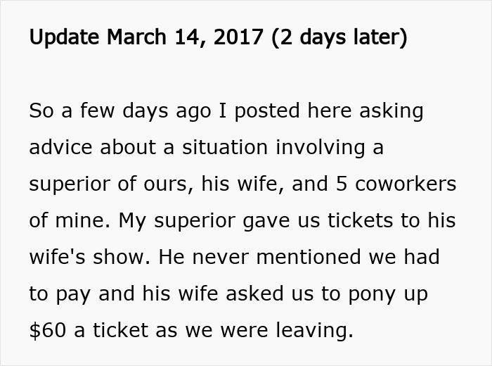 “Coworker Gave Us Tickets To His Wife’s Performance And Now We Have To Pay $360?!”