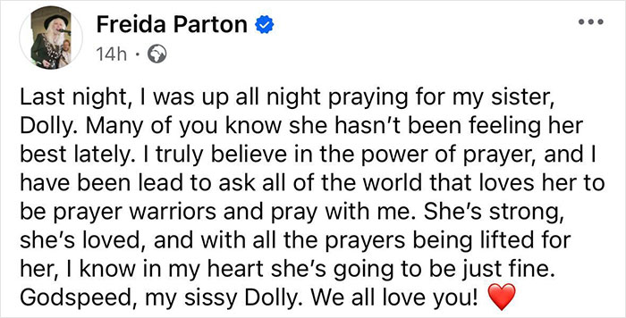 Dolly Parton’s Sister Raises Alarm After Asking For Prayers For The Singer Amid Health Struggles Dolly Parton’s Sister Raises Alarm After Asking For Prayers For The Singer Amid Health Struggles