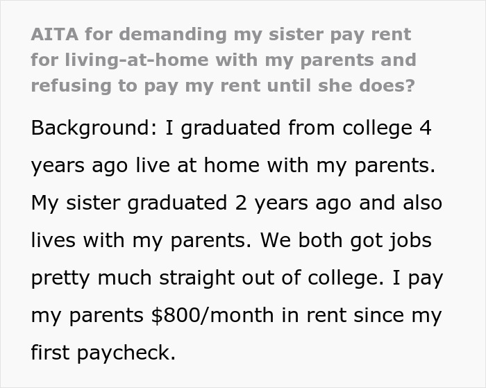 Sibling Refuses To Keep Paying Rent To Parents After Finding Out Sister Lives Rent Free