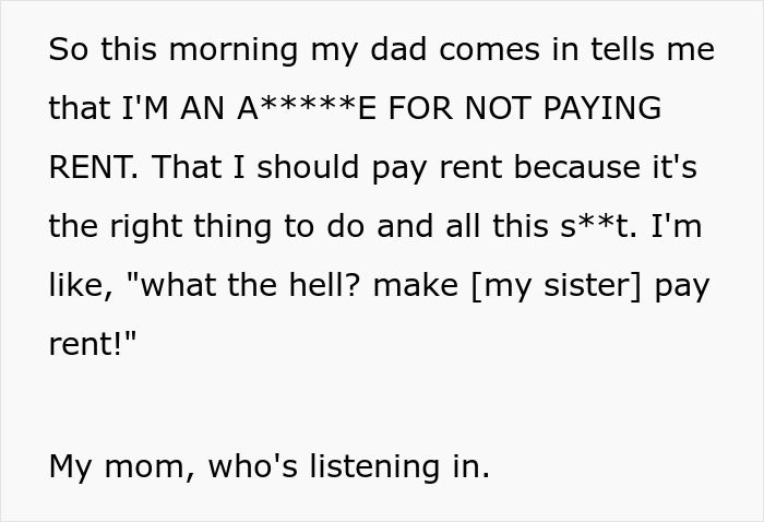 Sibling Refuses To Keep Paying Rent To Parents After Finding Out Sister Lives Rent Free