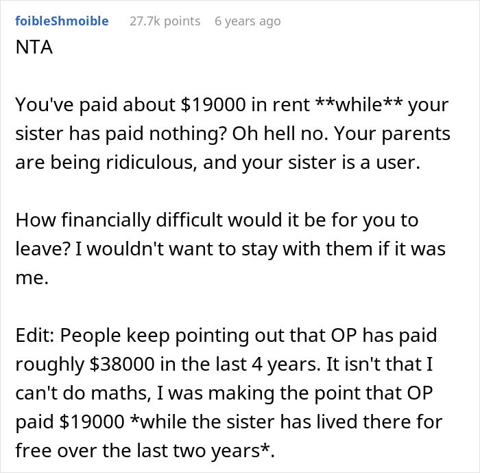 Sibling Refuses To Keep Paying Rent To Parents After Finding Out Sister Lives Rent Free
