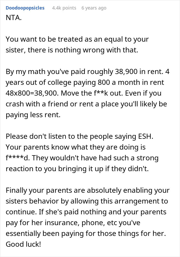 Sibling Refuses To Keep Paying Rent To Parents After Finding Out Sister Lives Rent Free