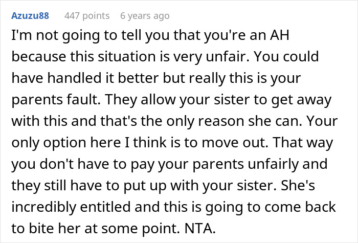 Sibling Refuses To Keep Paying Rent To Parents After Finding Out Sister Lives Rent Free
