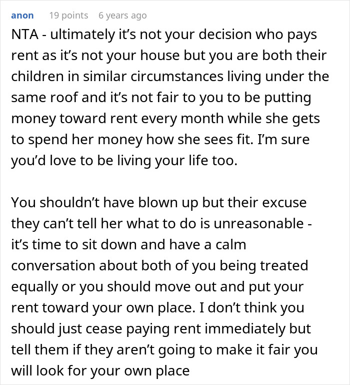 Sibling Refuses To Keep Paying Rent To Parents After Finding Out Sister Lives Rent Free