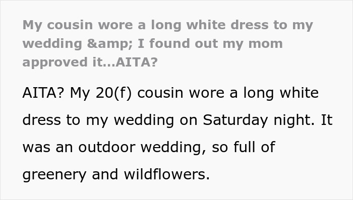 Bride Horrified As Cousin Wears Long White Dress To Her Wedding, Furious As Her Mom Approved It