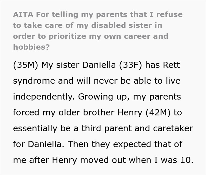 Guy Spends His Childhood As An Unpaid Caregiver For Disabled Sister, Refuses To Ever Do It Again