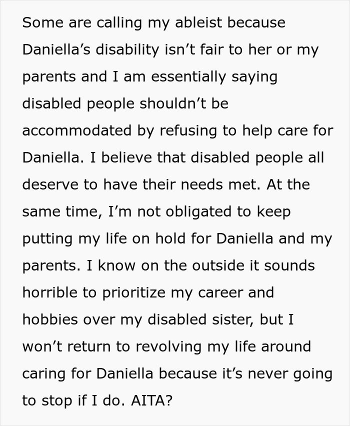 Guy Spends His Childhood As An Unpaid Caregiver For Disabled Sister, Refuses To Ever Do It Again