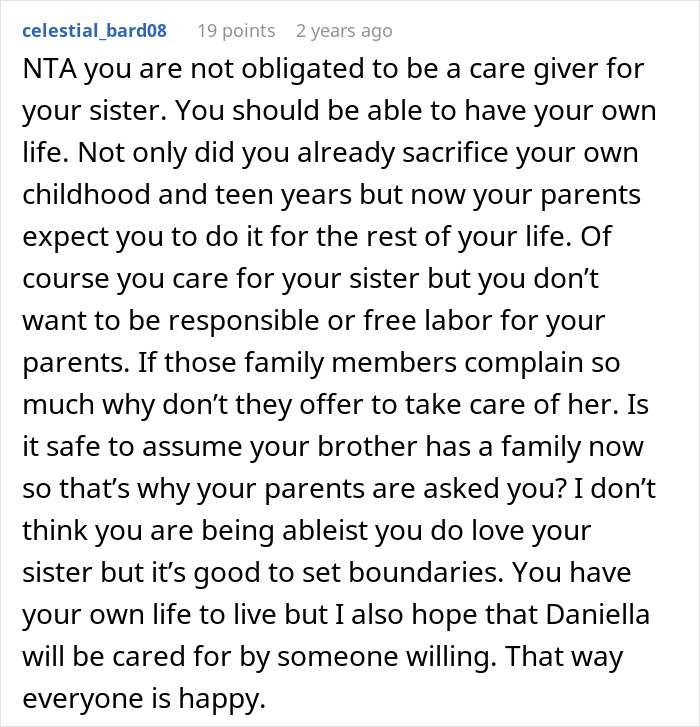 Guy Spends His Childhood As An Unpaid Caregiver For Disabled Sister, Refuses To Ever Do It Again