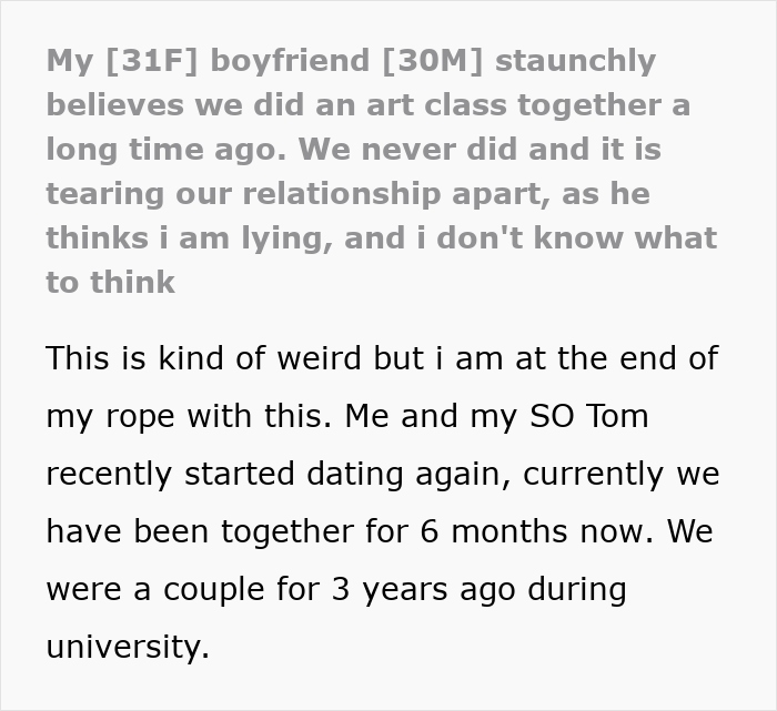 &#8220;He Thinks I&#8217;m Lying&#8221;: Guy Is Convinced He Took An Art Class With GF, She Has No Memory Of It