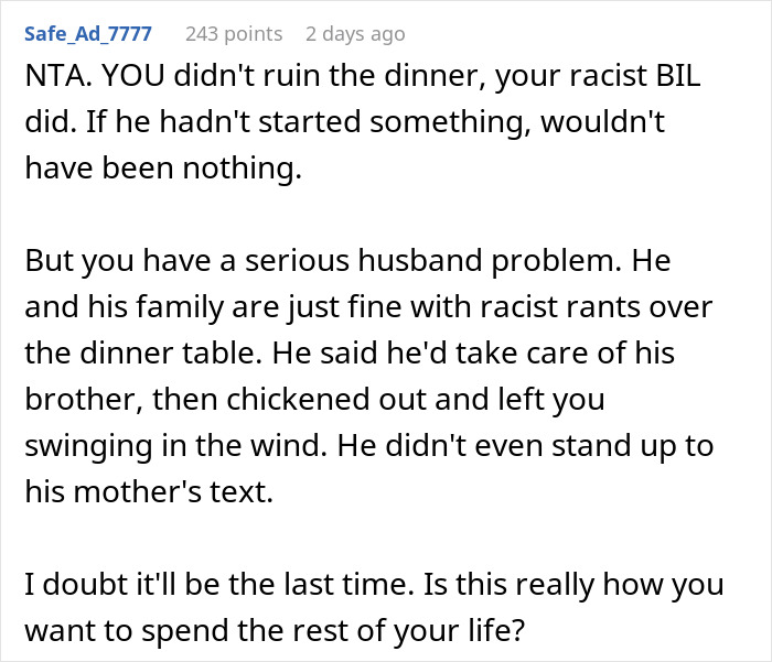 Wife Explodes At BIL For Racist Slurs During Dinner, MIL Claims She Ruined The Whole Evening