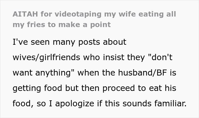 Man Films His Wife Secretly To Prove She Eats All His Fries, Family Drama Ensues