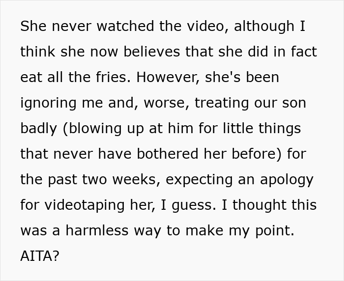 Man Films His Wife Secretly To Prove She Eats All His Fries, Family Drama Ensues