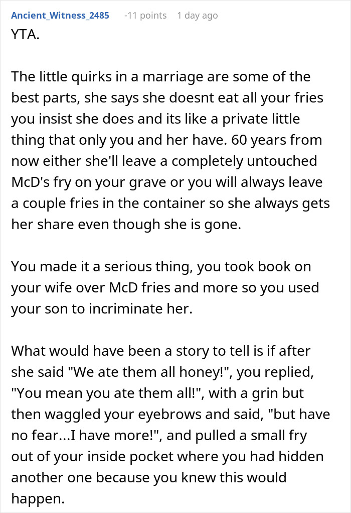 Man Films His Wife Secretly To Prove She Eats All His Fries, Family Drama Ensues