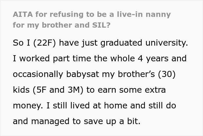Woman Tells Brother To Go To Hell After His Live-In Nanny Job Offer Comes With Ridiculous Demands